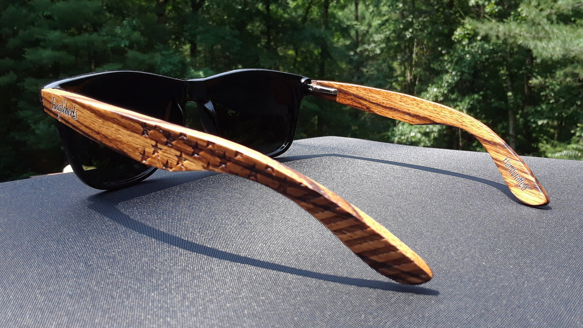 Zebrawood-Sonnenbrille, Stars and Bars mit Holz-Etui, polarisiert