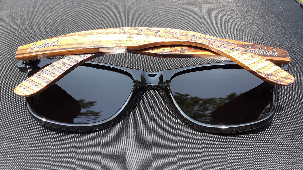 Zebrawood-Sonnenbrille, Stars and Bars mit Holz-Etui, polarisiert